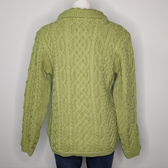 Aran Crafts green 100% merino wool cable knit button up cardigan sweater S - Picture 6 of 8